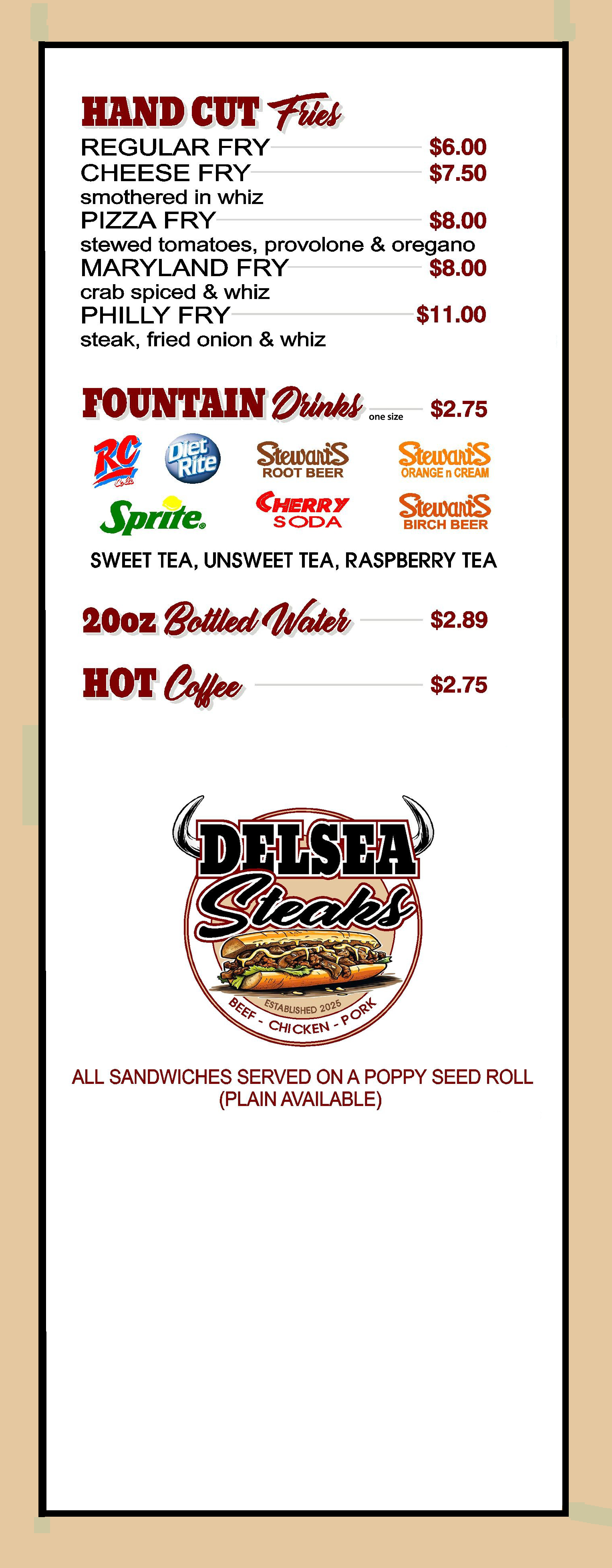 Delsea Steaks Toppings Menu