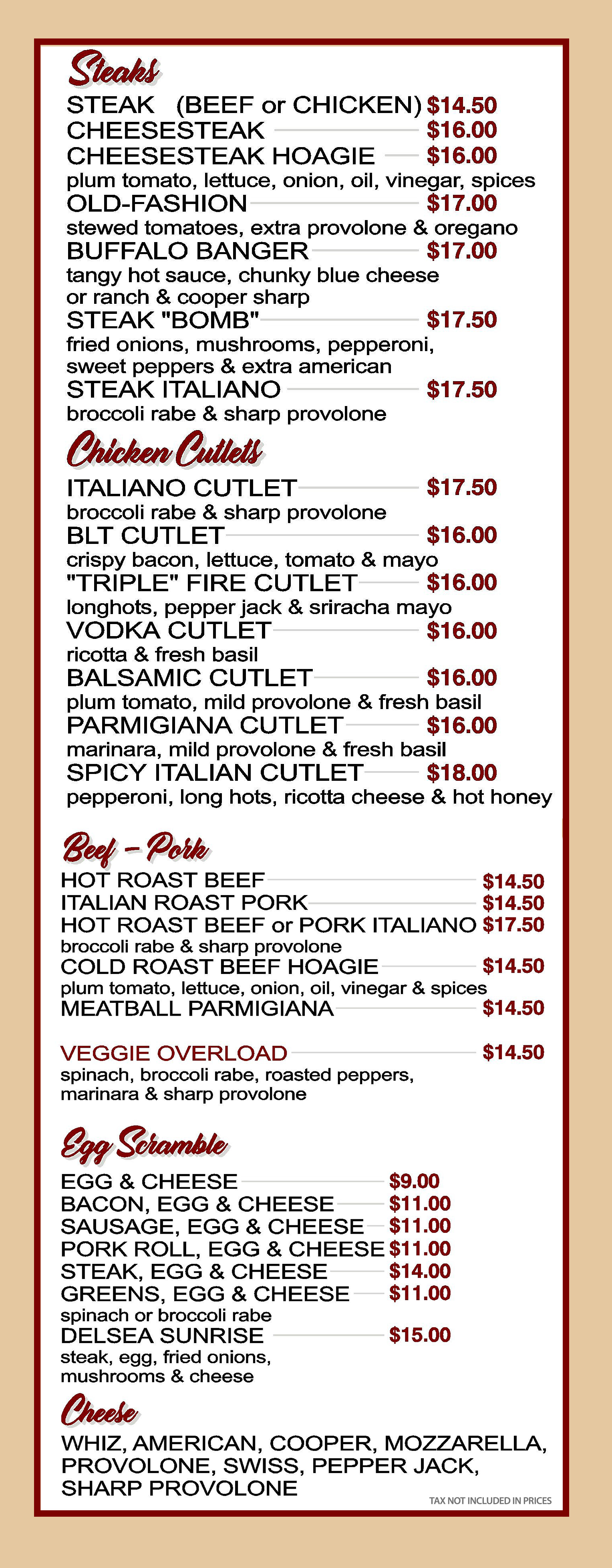 Delsea Steaks Sandwiches Menu