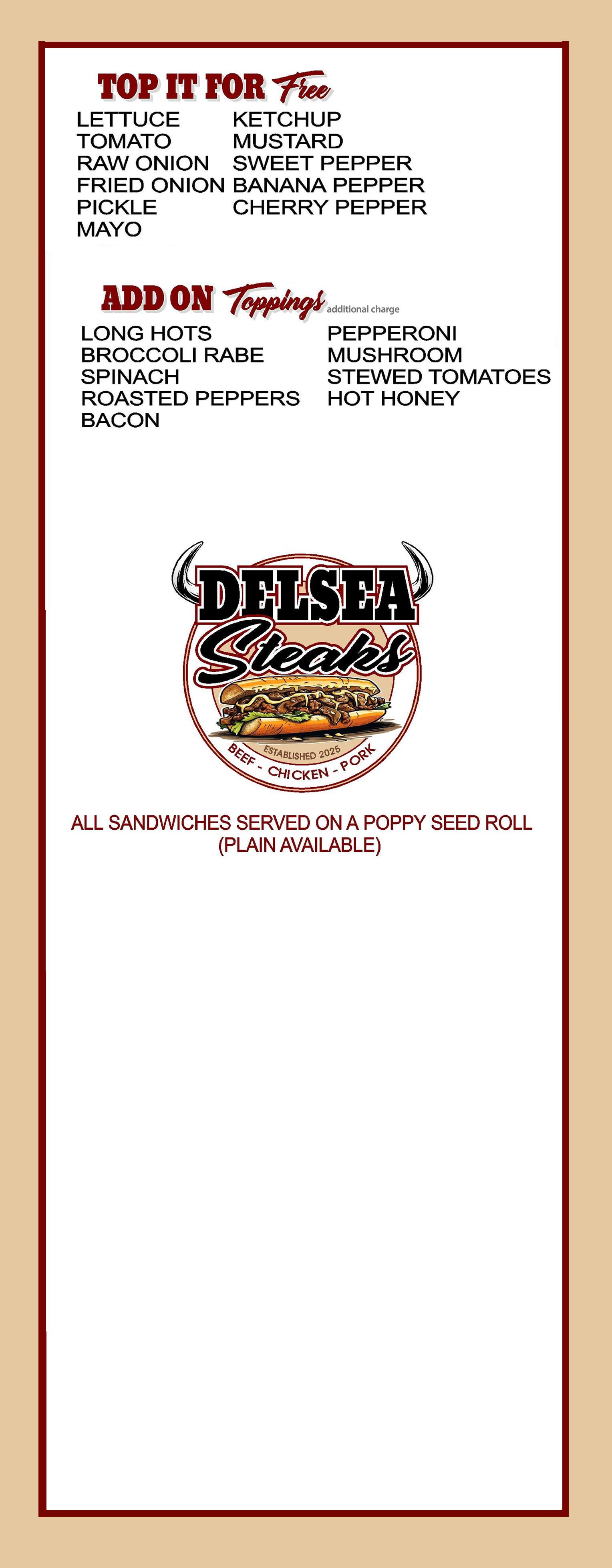 Delsea Steaks Toppings Menu