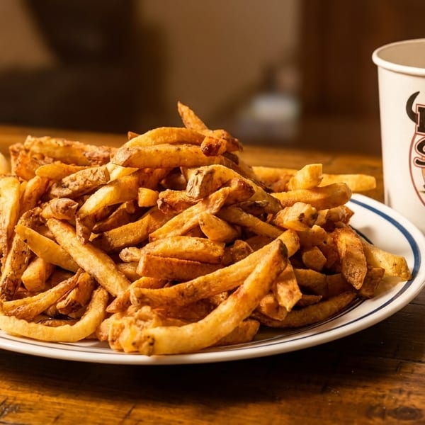 A large plate of golden-brown french fries next to a Delsey Steaks branded cup on a wooden table.