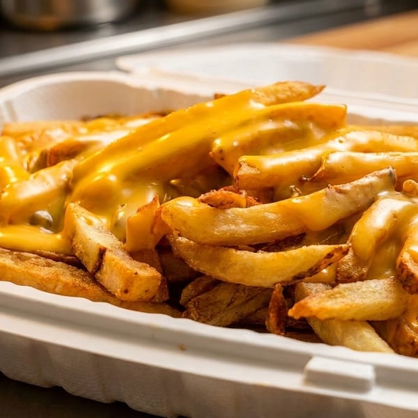 Golden french fries generously covered in melted yellow cheese sauce, served in a white takeout container.