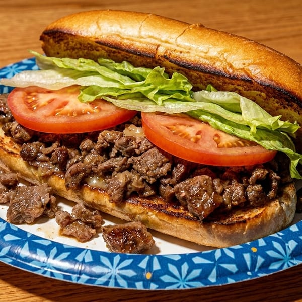 Cheesesteak sandwich with steak, cheese, lettuce, and tomatoes on a blue patterned paper plate.