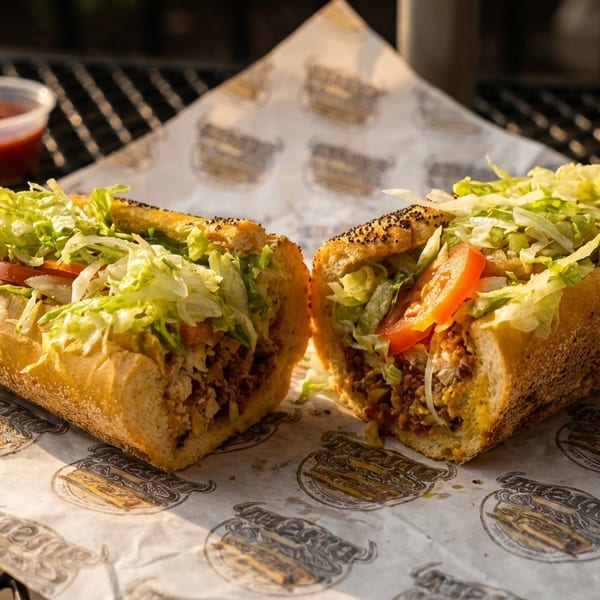 A large sub sandwich, cut in half, filled with meat, lettuce, and tomatoes on branded paper.