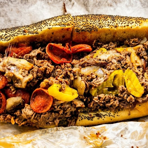 A large, loaded cheesesteak sandwich with steak, pepperoni, peppers, onions, and melted cheese on a poppy seed roll.