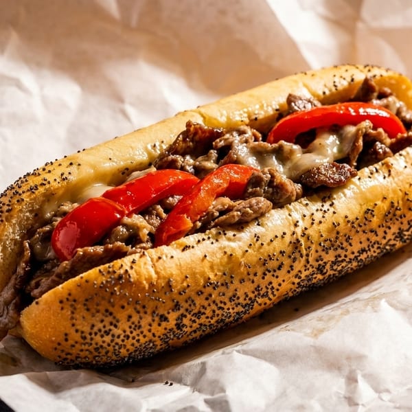 A delicious cheesesteak sandwich with steak, melted cheese, and red peppers on a poppy seed roll.