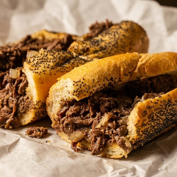 Two hearty cheesesteak sandwiches with steak, onions, and poppy seeds on a roll, on crumpled white paper.