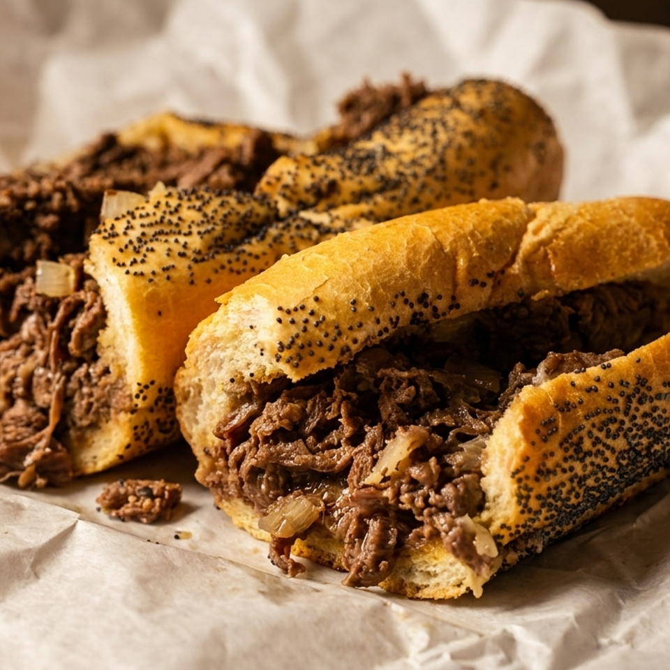 Two hearty cheesesteak sandwiches with steak, onions, and poppy seeds on a roll, on crumpled white paper.