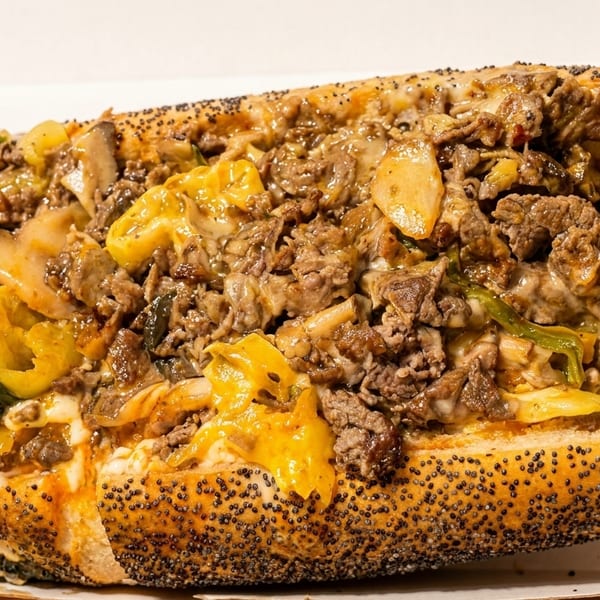 Close-up of a loaded cheesesteak sandwich with steak, cheese, peppers, and mushrooms on a poppy seed roll.