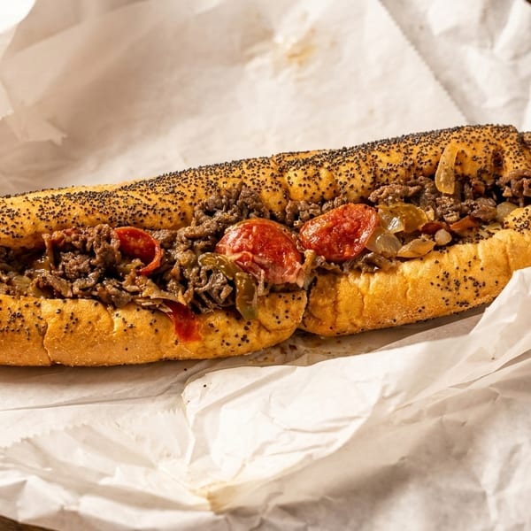 A large, poppy seed hoagie roll filled with steak, onions, peppers, and pepperoni, on white paper.